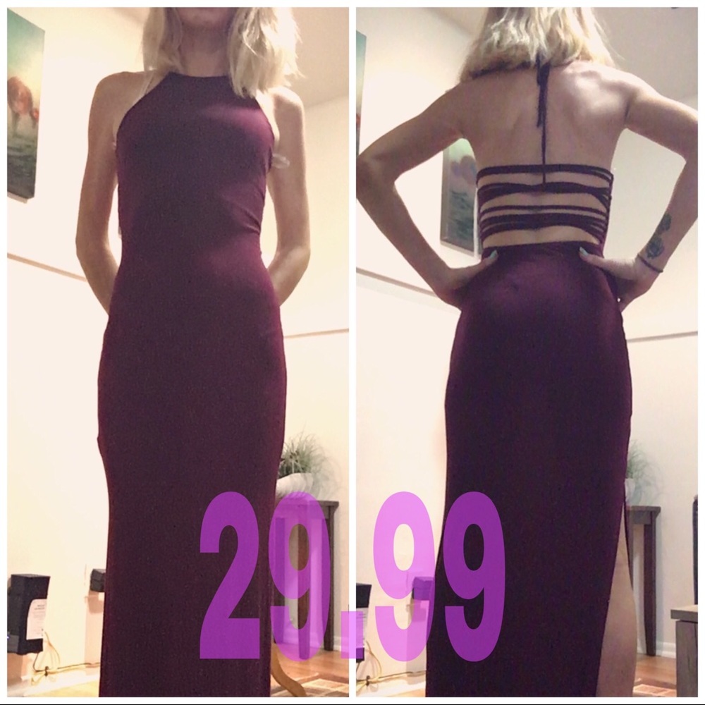 Burgundy full length halter top dress